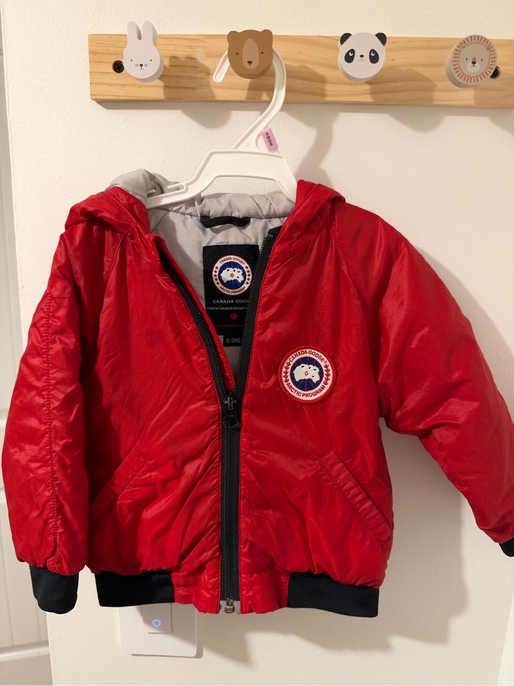 Canada Goose Kids Down Filled Red Hooded Puffer Jacket with Logo Patch | 18M